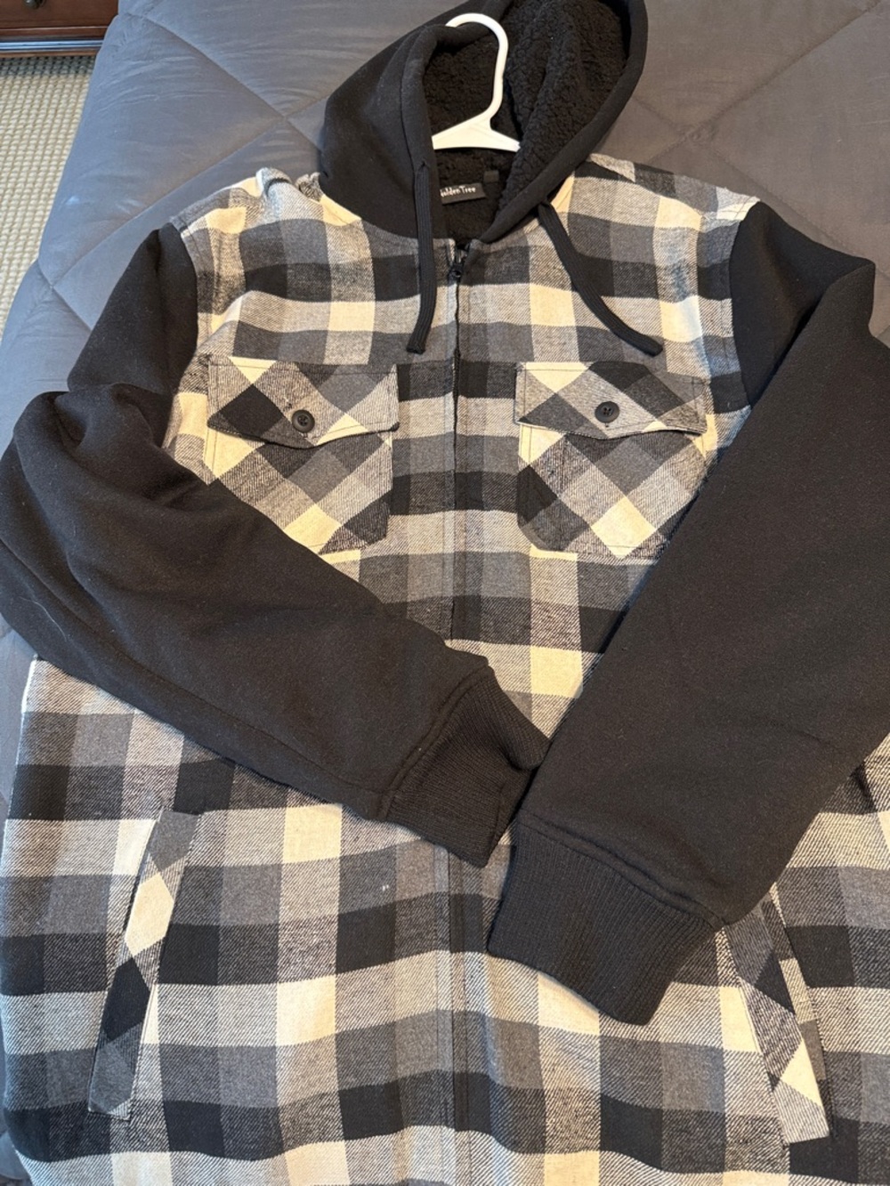 Men's Black & Gray Plaid Hooded Shirt Jacket
